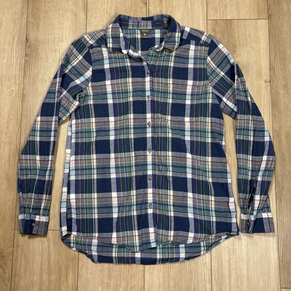 Eddie Bauer Lightweight Flannel Button Up Women S‎ Waist Length Blue Plaid